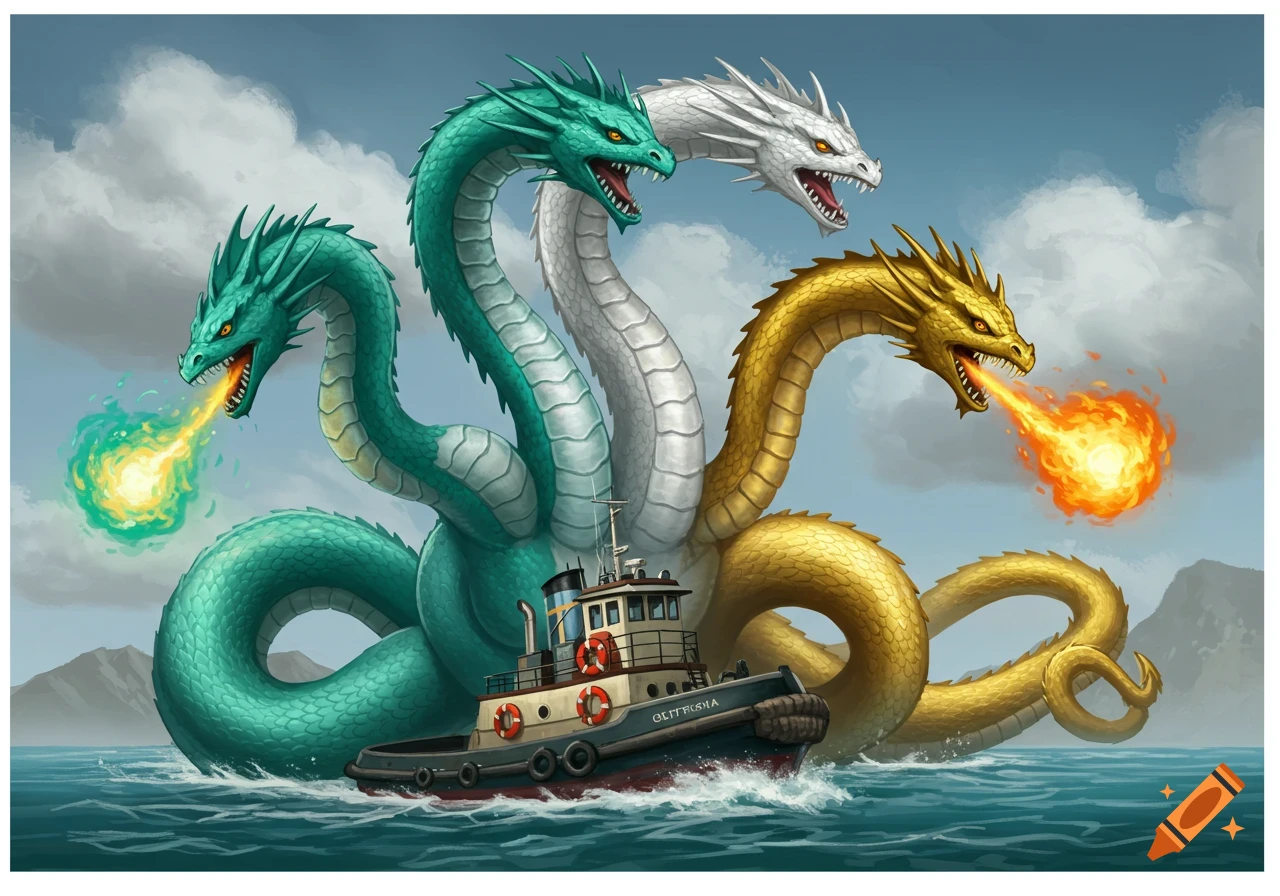 Four-headed hydra with teal, white, and gold heads breathes fire over a tugboat at sea.