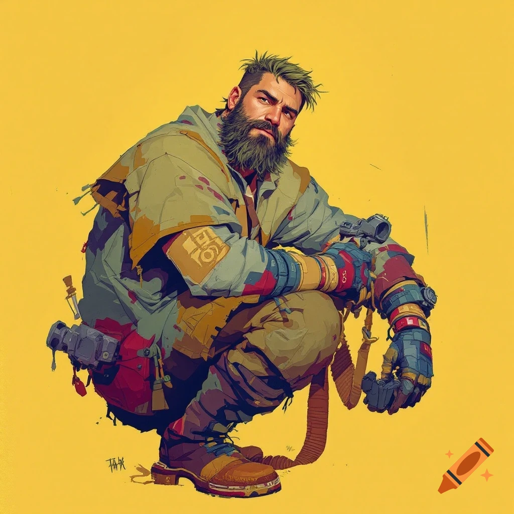 Stylized illustration of a man in tactical gear crouching on a yellow background.