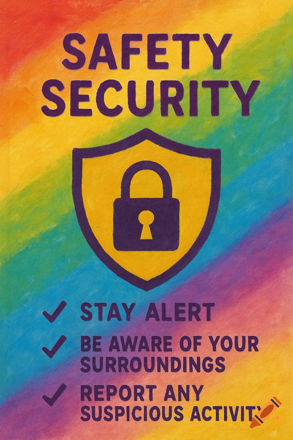 Safety and security poster with a rainbow background, a shield icon containing a lock, and text that reads 'SAFETY SECURITY' and a checklist of safety tips.