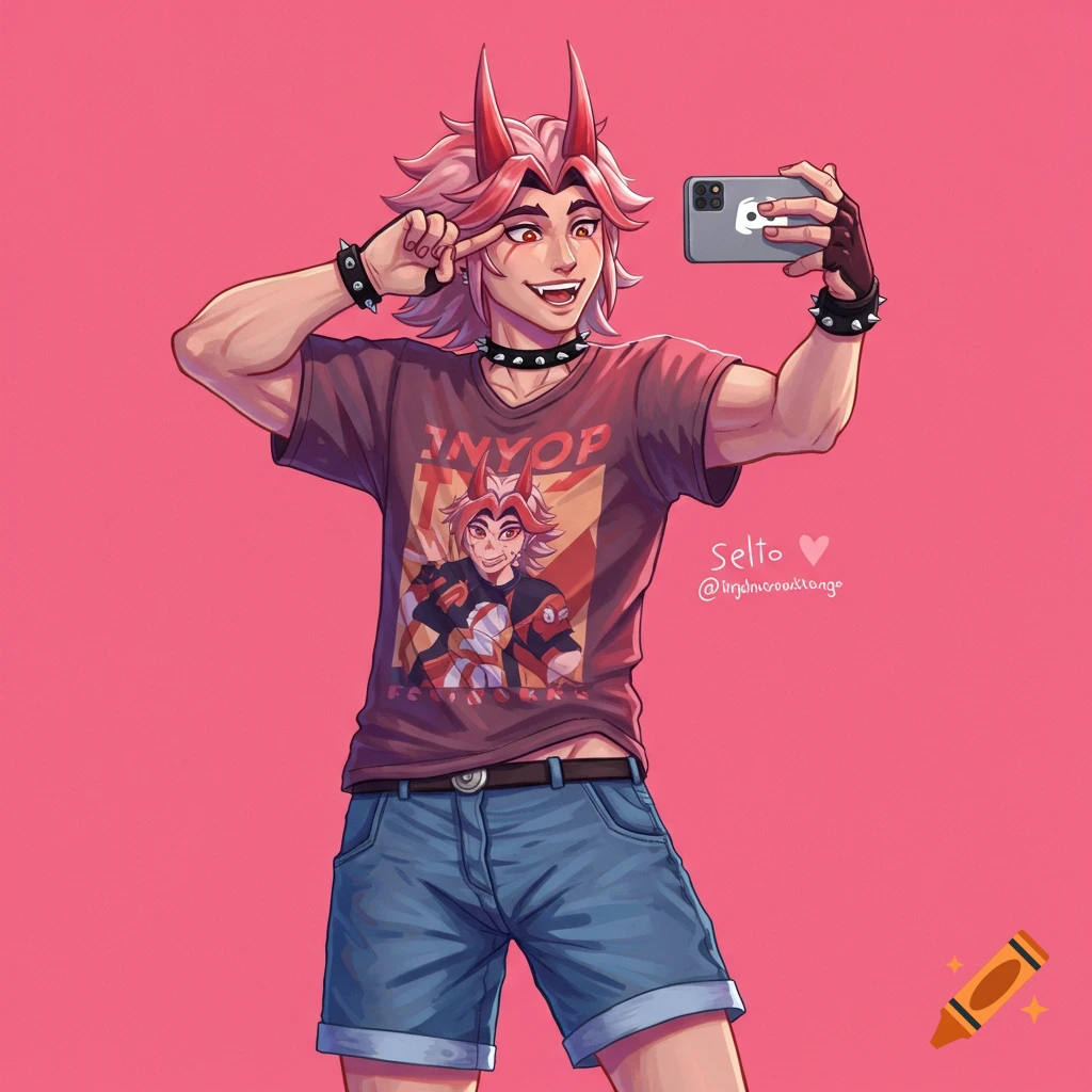Anime man with pink hair and horns takes a selfie wearing a graphic t-shirt and denim shorts.