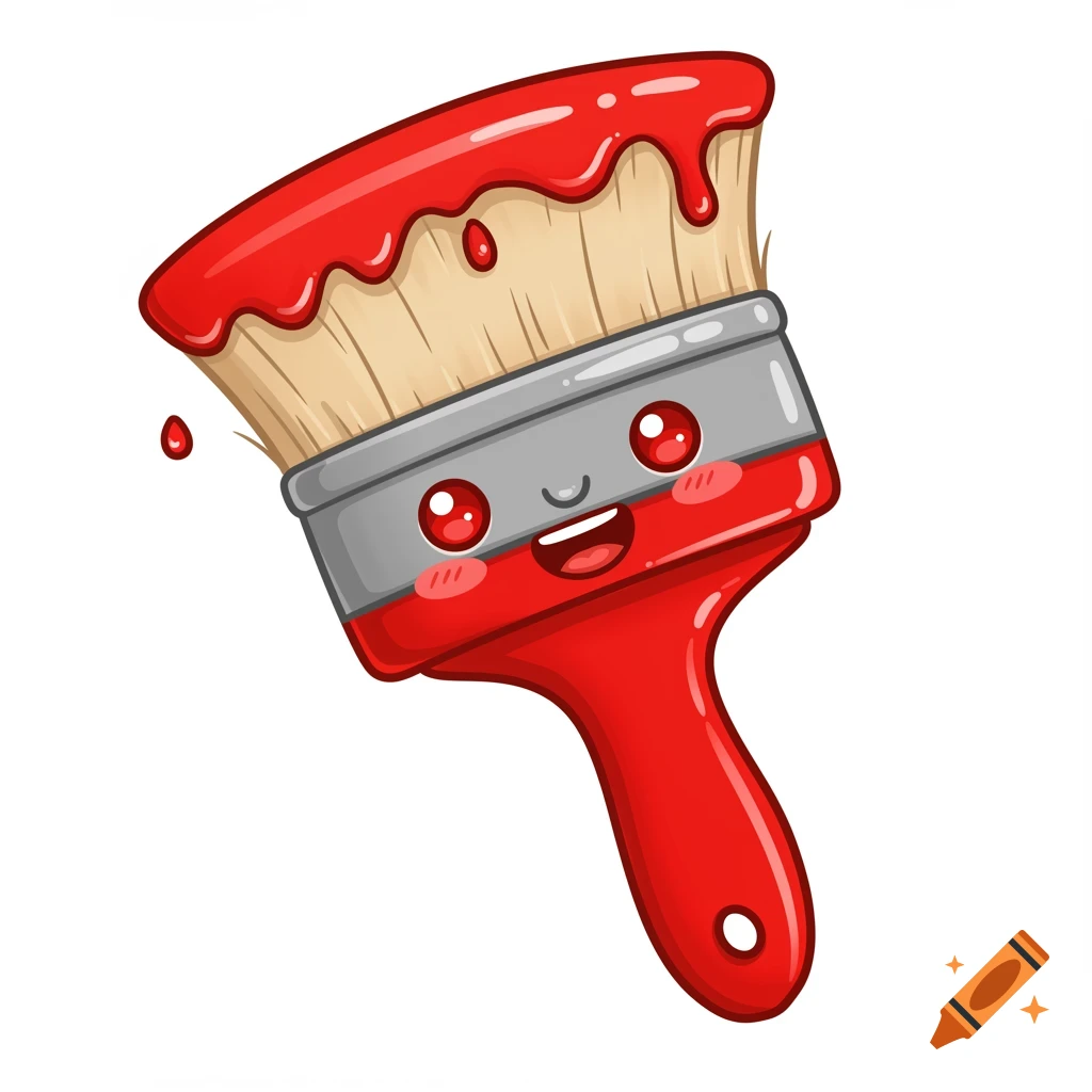 Cartoon paint brush with a face dripping red paint.