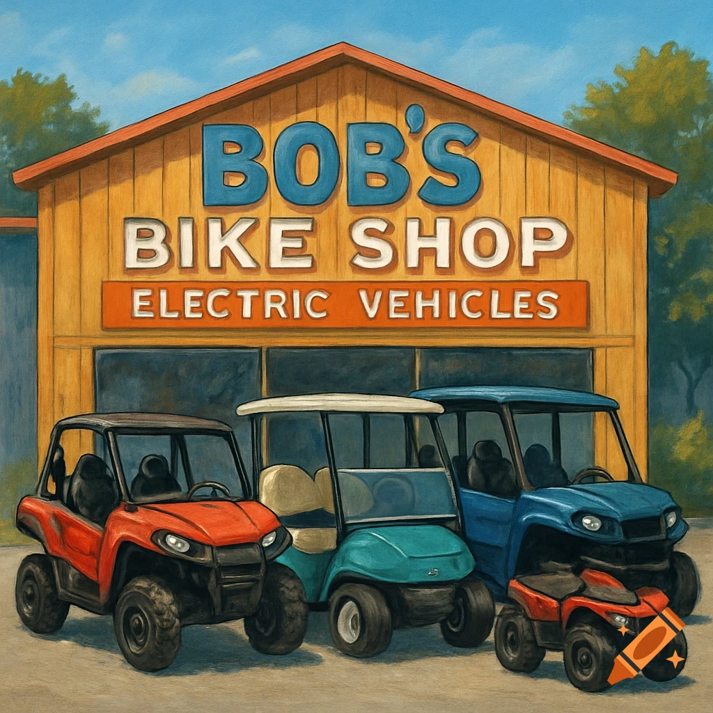 A painted illustration of Bob's Bike Shop with side-by-sides, a golf cart, and an ATV parked outside.