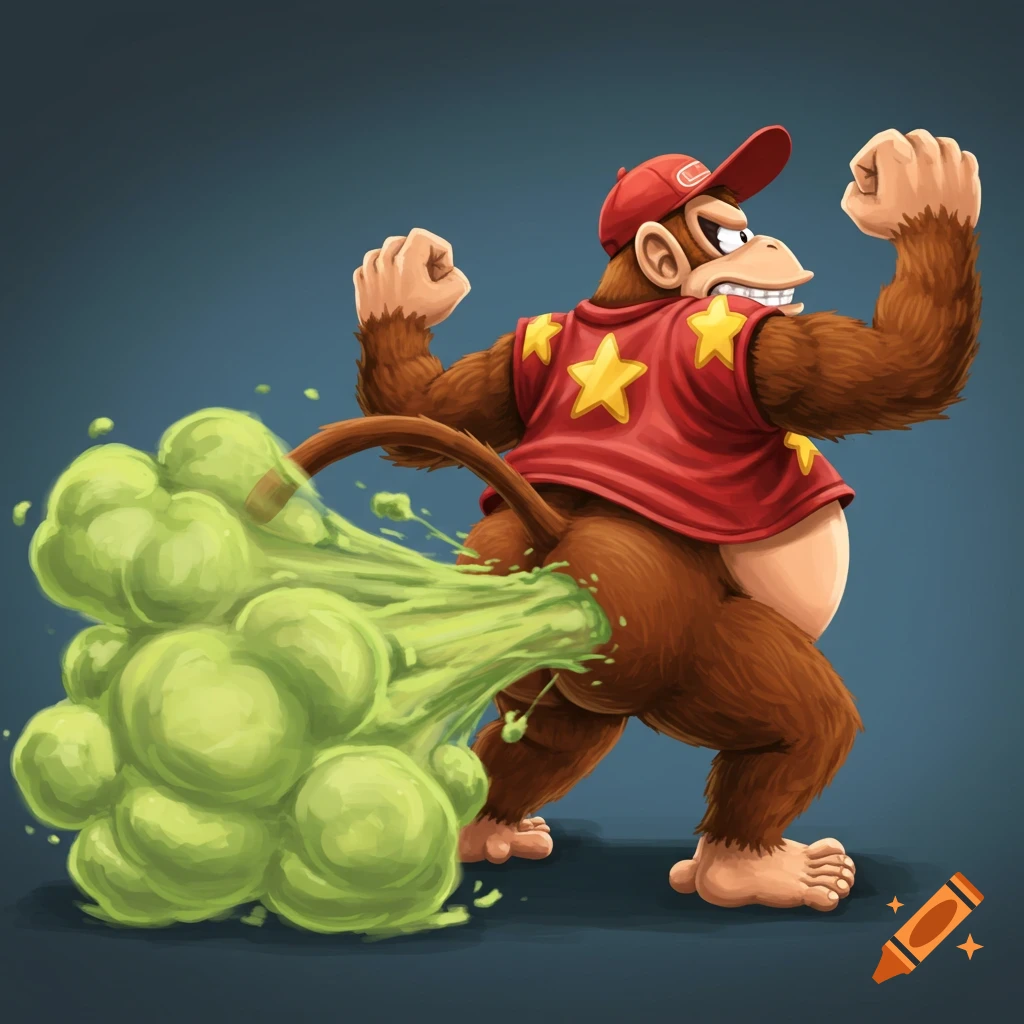 Cartoon monkey wearing a red hat and vest is flexing while farting a large cloud of green gas.