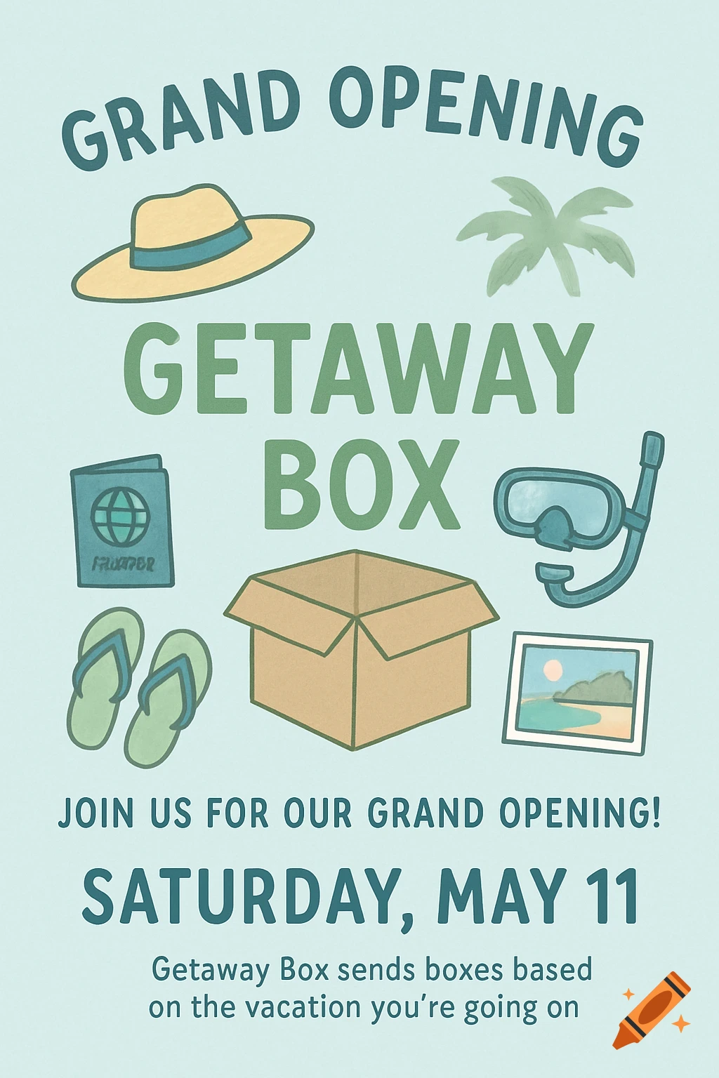 Illustrated flyer advertising a grand opening for Getaway Box, featuring vacation items like a hat, flip-flops, snorkel, passport, and an open box.