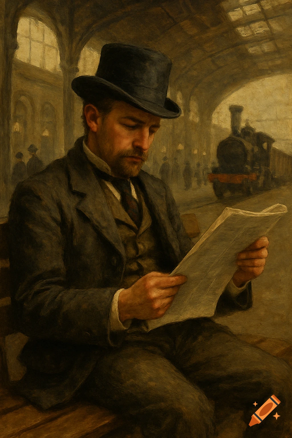 A man in a top hat and suit reads a newspaper while sitting in a hazy 19th-century train station painting.