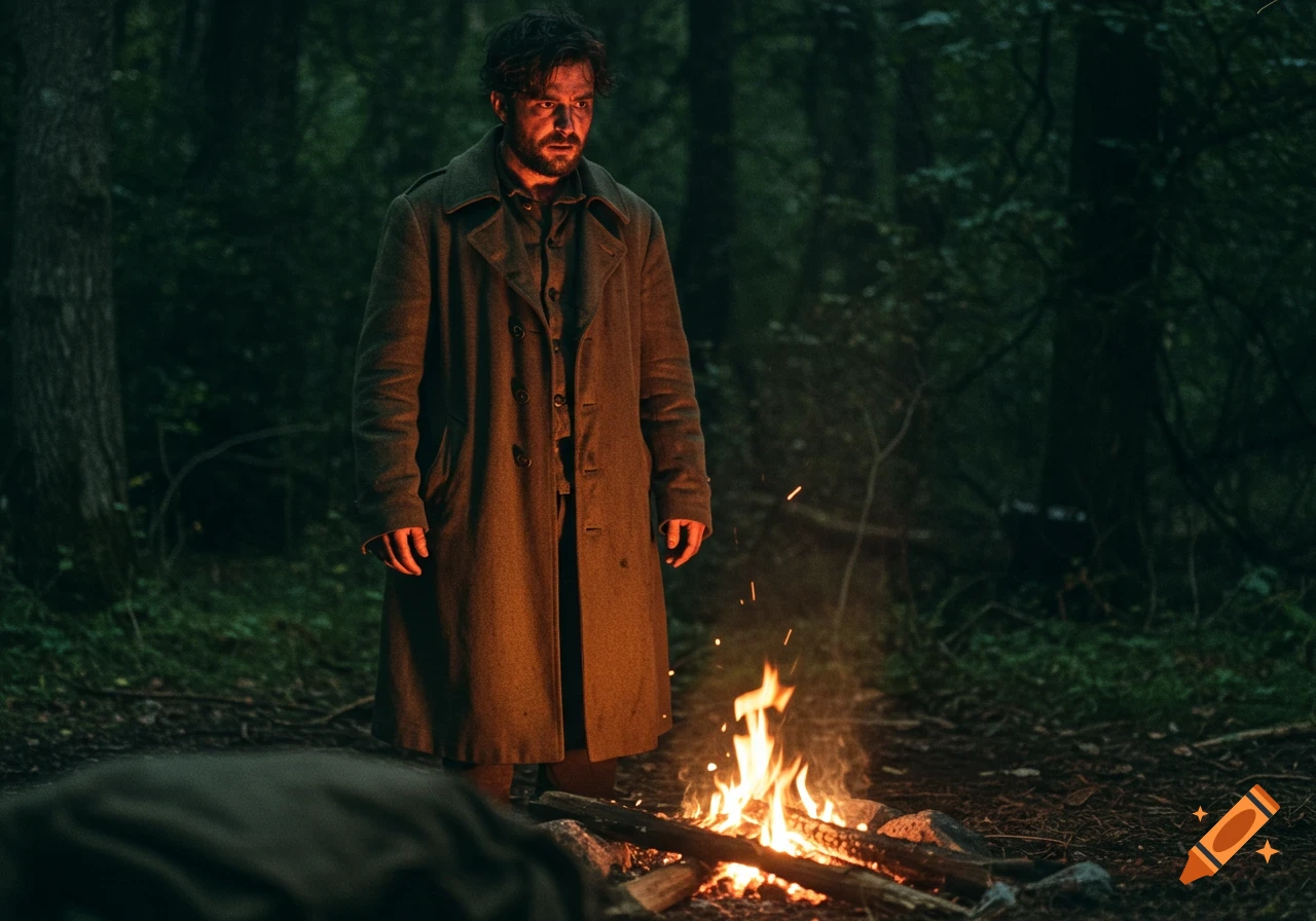 A disheveled man in a greatcoat stands by a campfire in a dark forest.