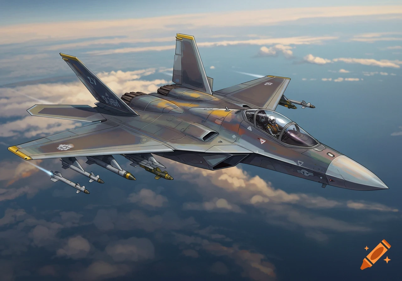 Illustration of a fighter jet flying high in the sky with clouds