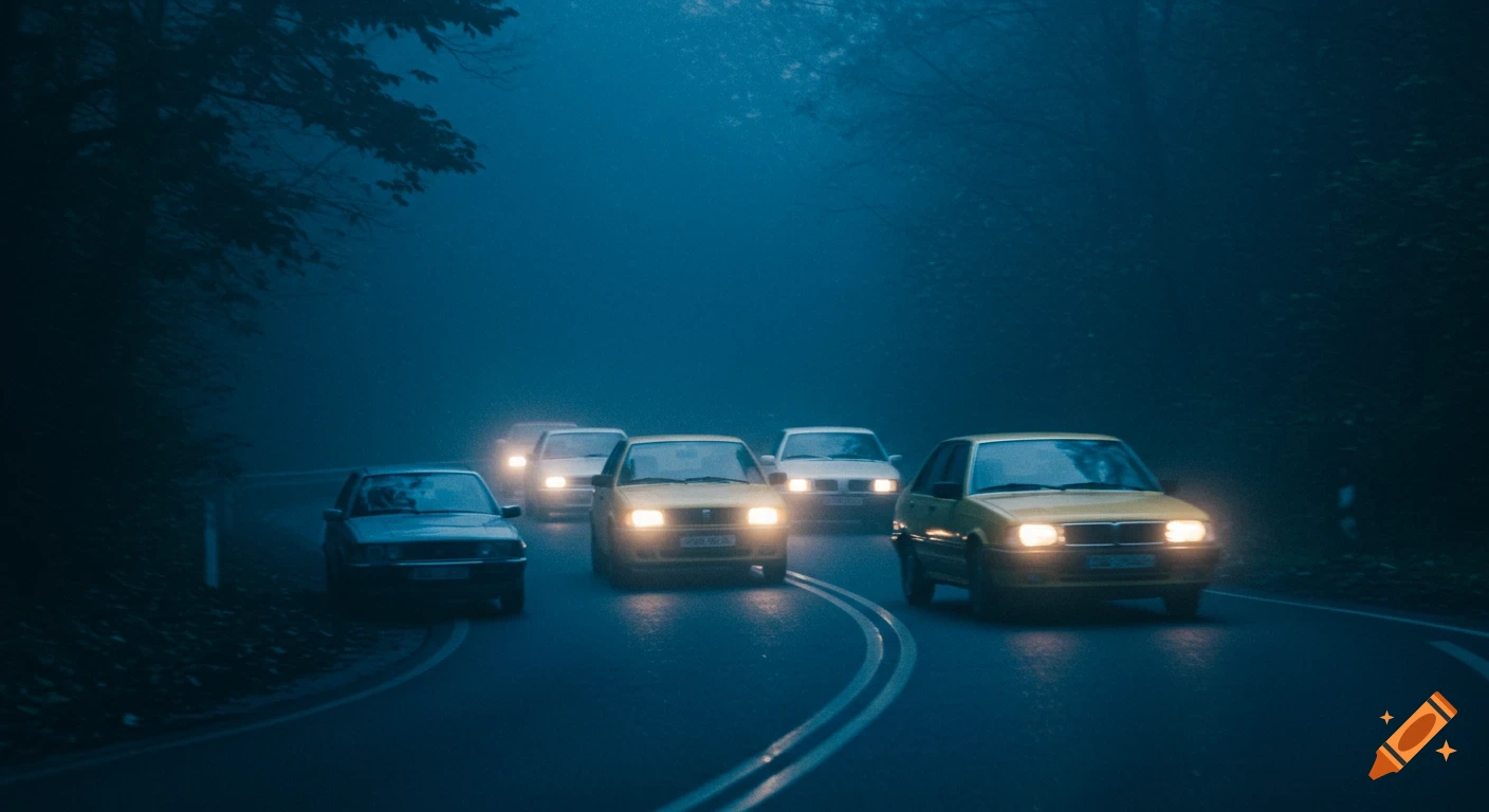 Several cars drive on a foggy road at night.