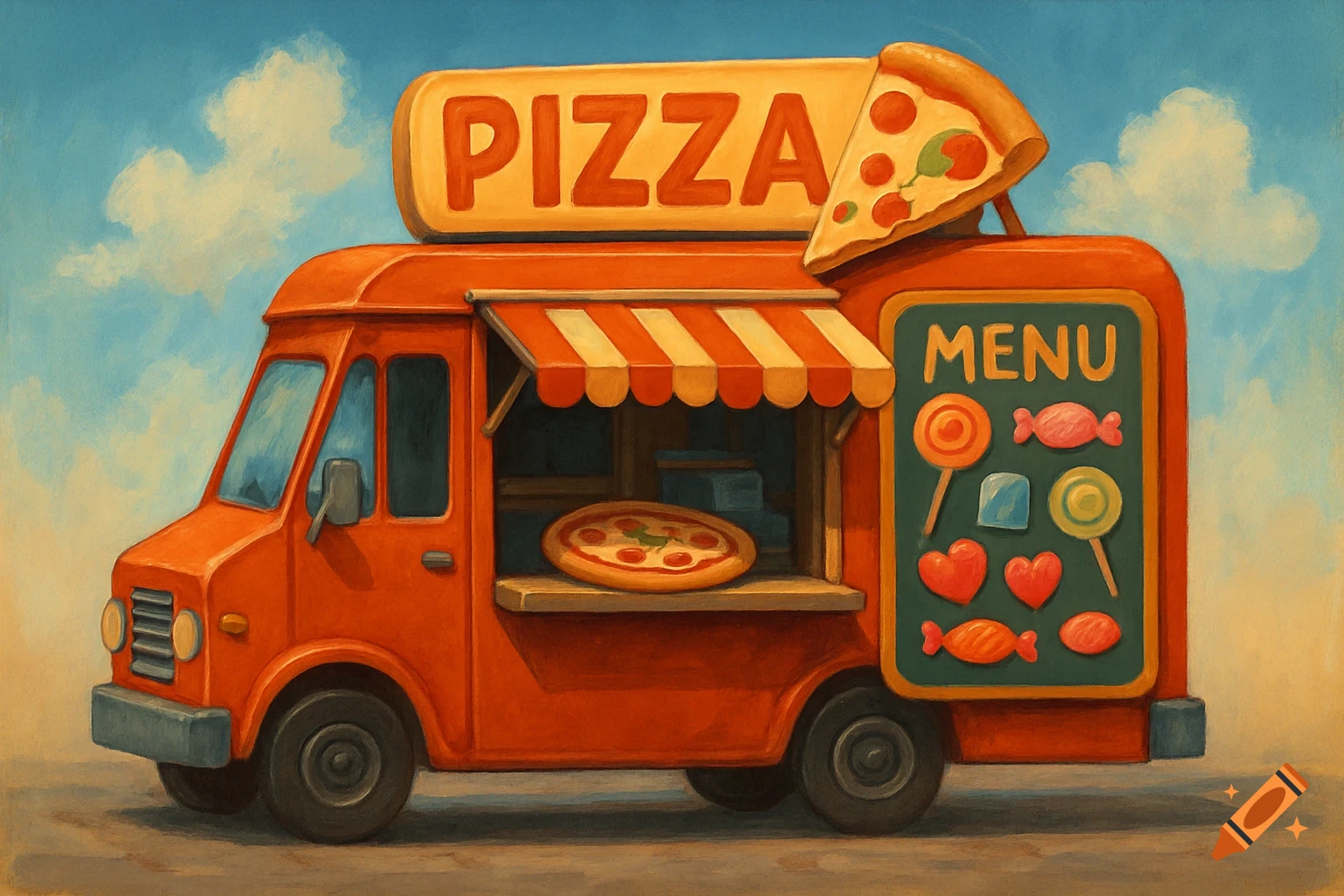 Illustration of a cartoon red pizza food truck with a menu showing candy, set against a cloudy sky.