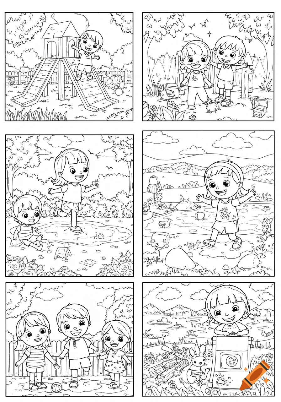 Black and white line drawing panels showing kids playing outdoors.