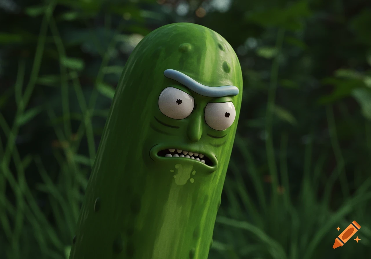 Pickle Rick character glowering in a forest