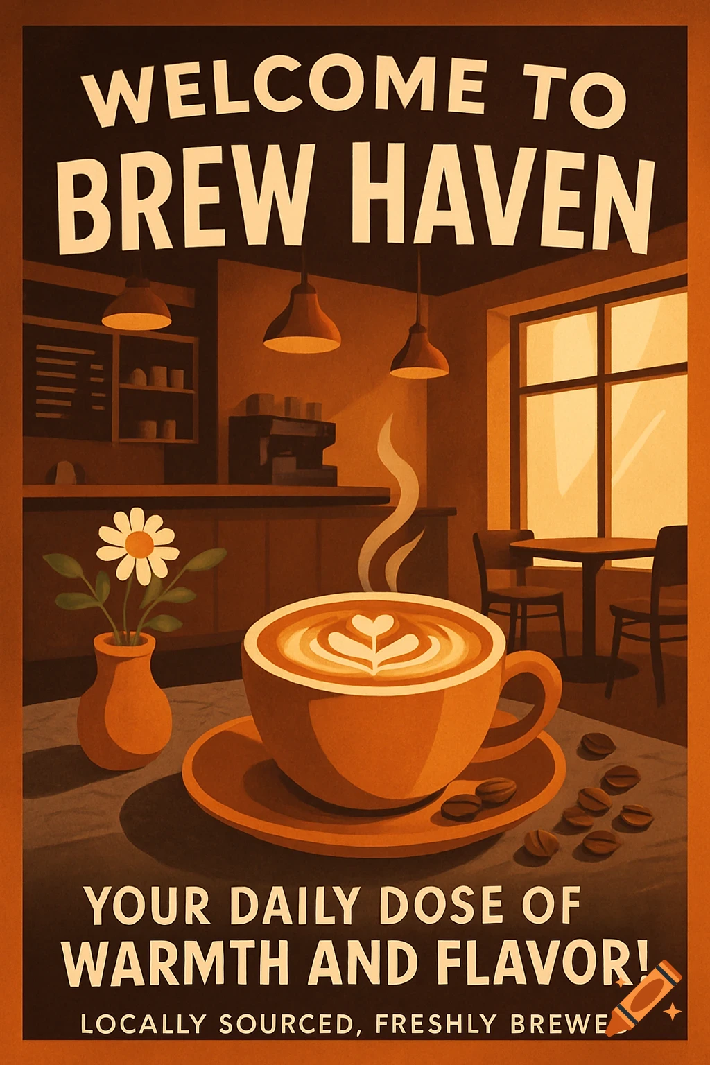 A retro-style poster for Brew Haven coffee shop featuring a latte, coffee beans, flower vase, and shop interior with text.