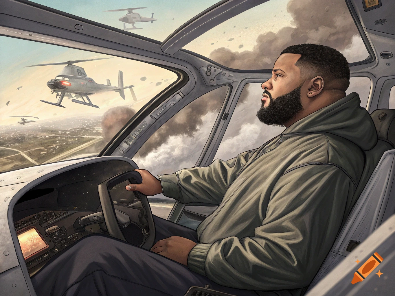 Man flying a helicopter during an aerial battle with explosions