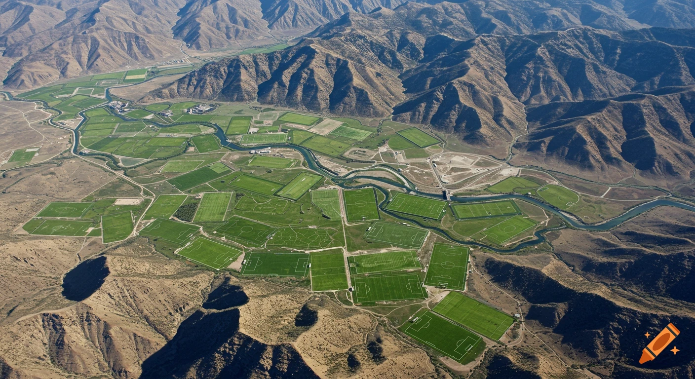 Aerial view of a valley dotted with numerous green soccer fields, a winding river, and surrounding mountains.