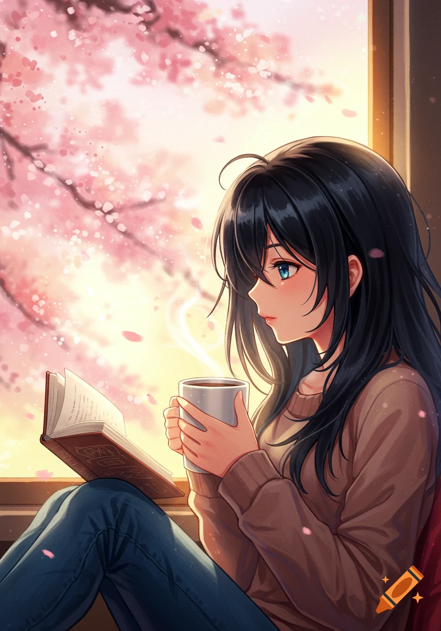 Anime girl with black hair and blue eyes reading a book and holding coffee by a window with cherry blossoms.