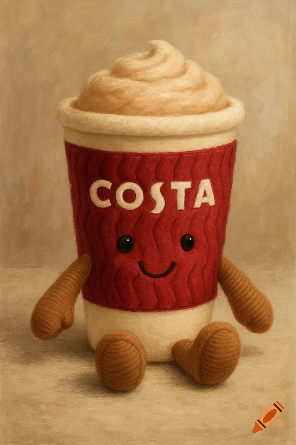 A cute plush toy coffee cup character with a red sleeve saying 'COSTA', arms, and legs.