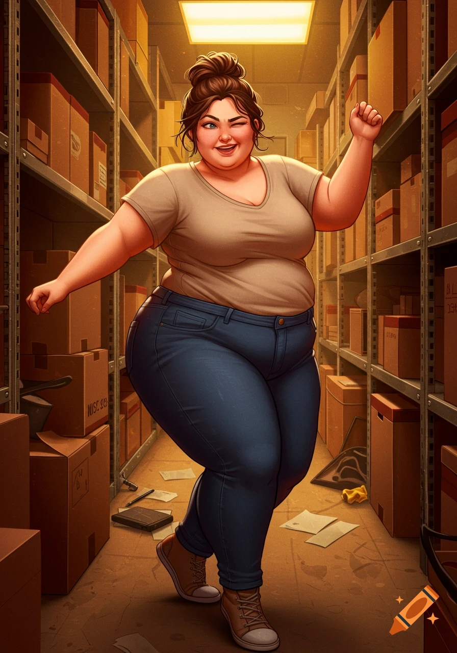 Cartoon illustration of a plus-size woman dancing in a warehouse