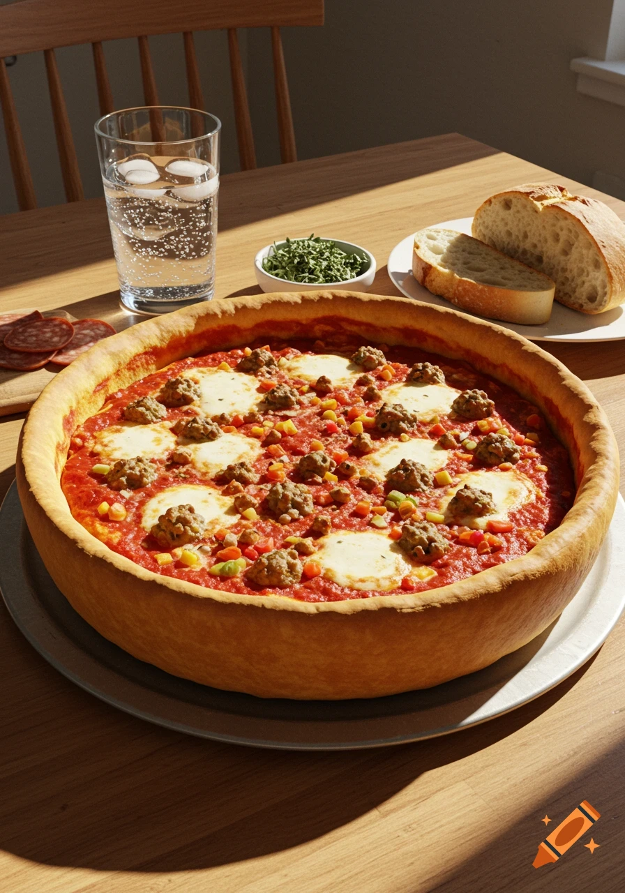 A deep-dish pizza with toppings, bread, and a drink on a sunlit wooden table.