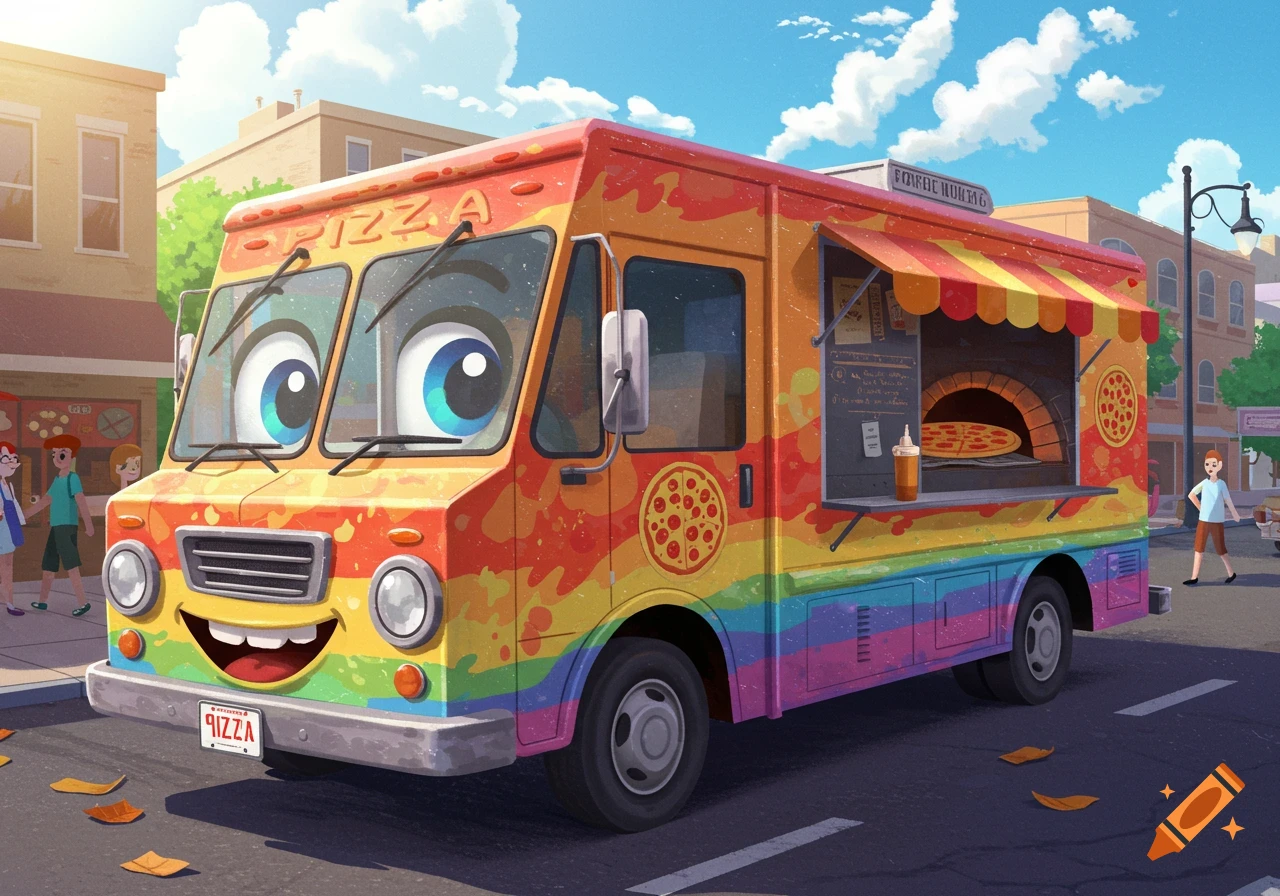 A colorful rainbow cartoon pizza truck with a face in a town square