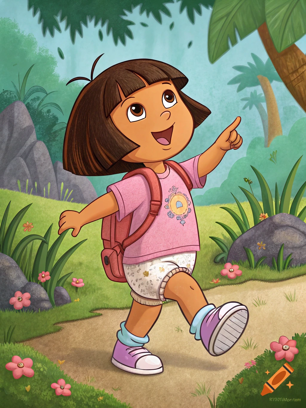 Cartoon of Dora the Explorer walking on a path through the jungle, pointing upwards.