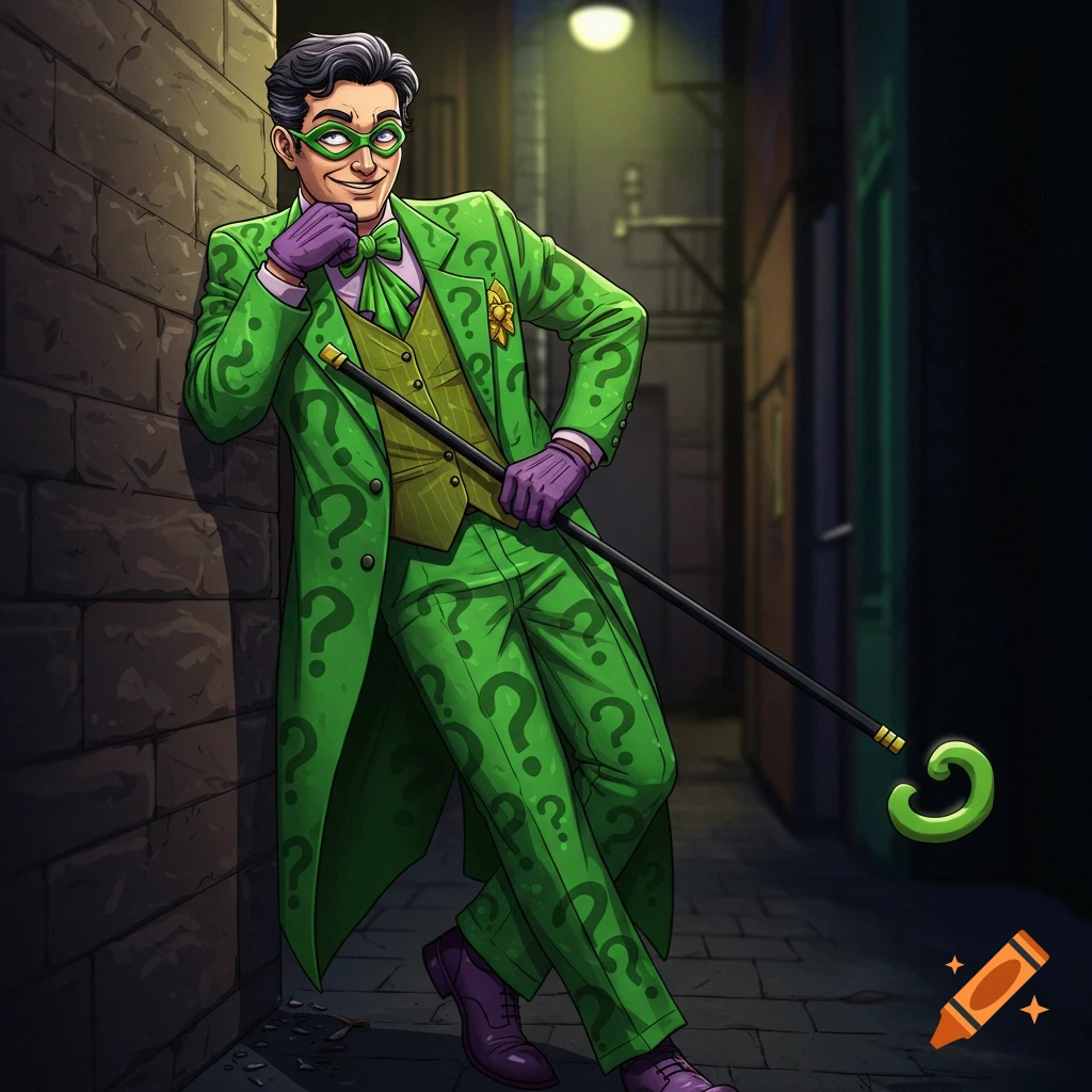 A comic-style character in a green suit with question marks, resembling the Riddler, leans against a wall in an alley.