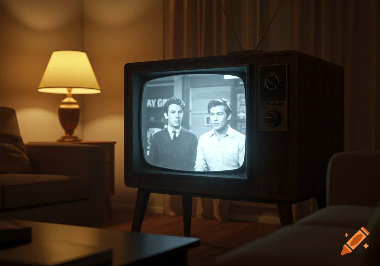A vintage television screen shows two men in a dimly lit room.
