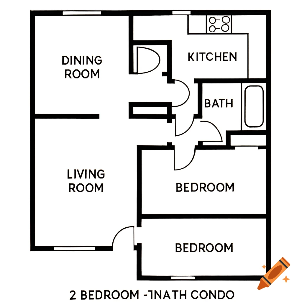 A simple black and white floor plan of a two-bedroom, one-bathroom condo.
