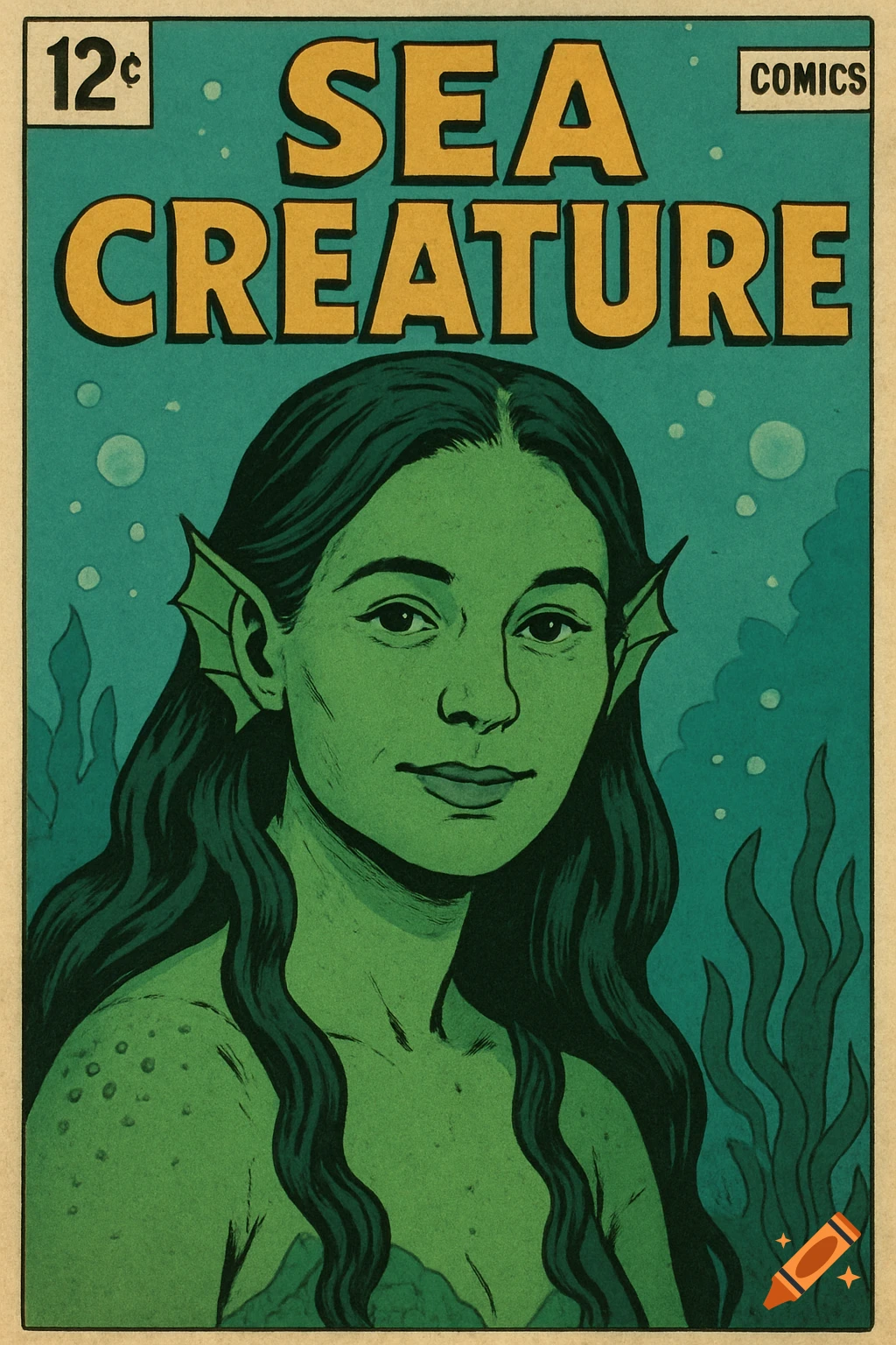 A green-skinned sea creature woman with dark green hair looks at the camera on a vintage comic book cover titled 'SEA CREATURE'.
