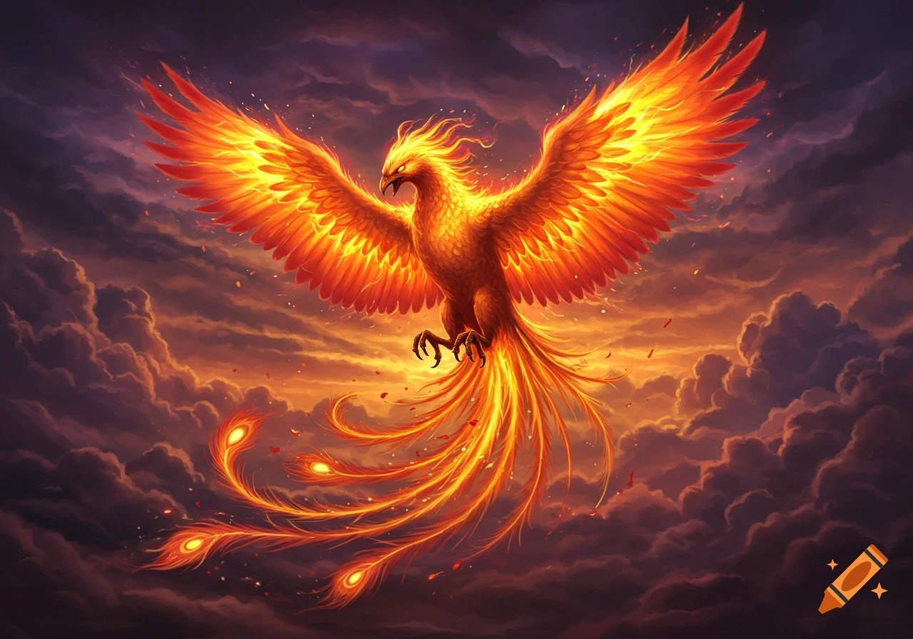 A fiery phoenix flying with wings spread through dramatic dark clouds at sunset.