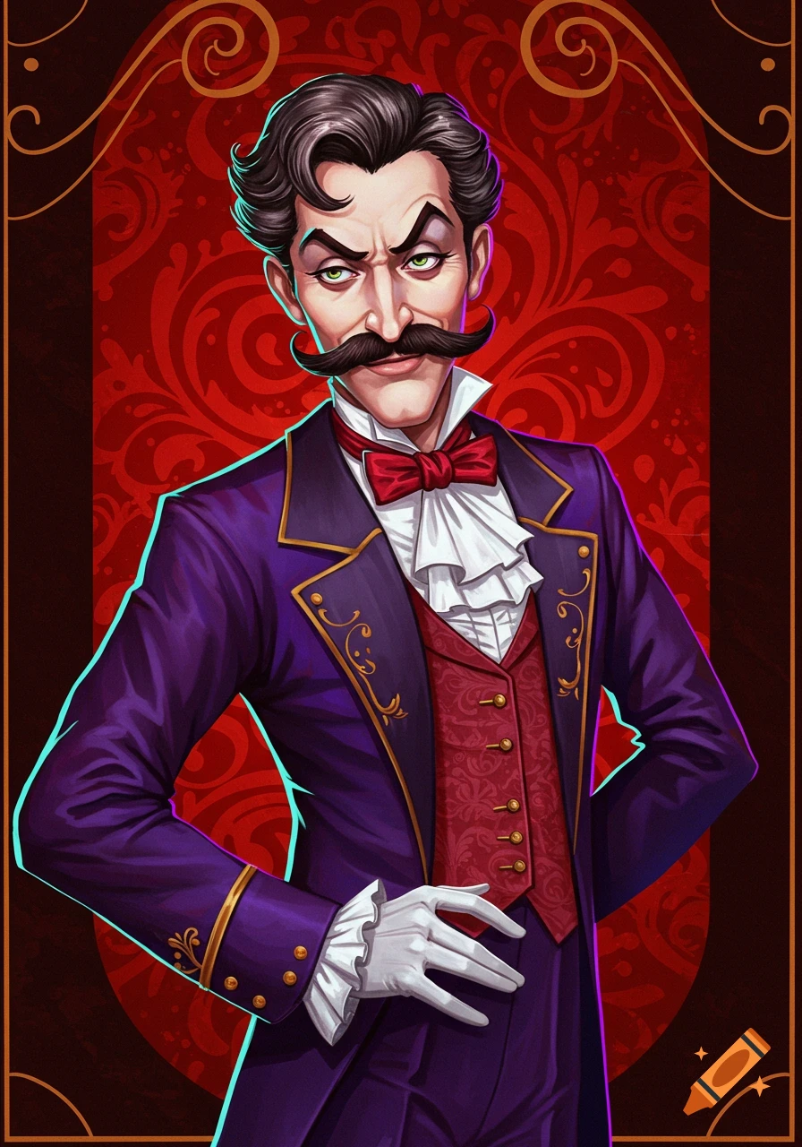 Stylized illustration of a flamboyant villain in a purple suit and red vest, with a large mustache.