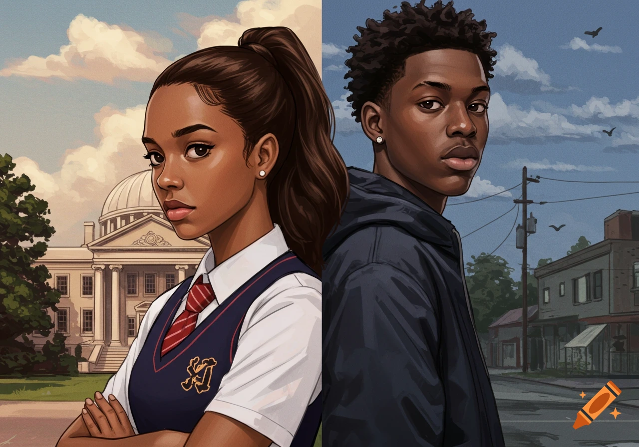 Illustration of Black woman in school uniform and Black man in streetwear back to back
