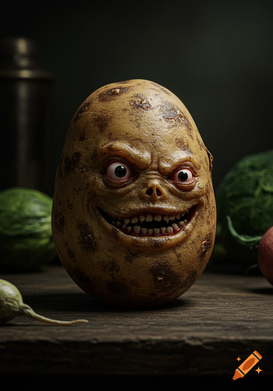 A close-up of a creepy potato with a human-like monstrous face and glowing red eyes, sitting on a wooden surface.