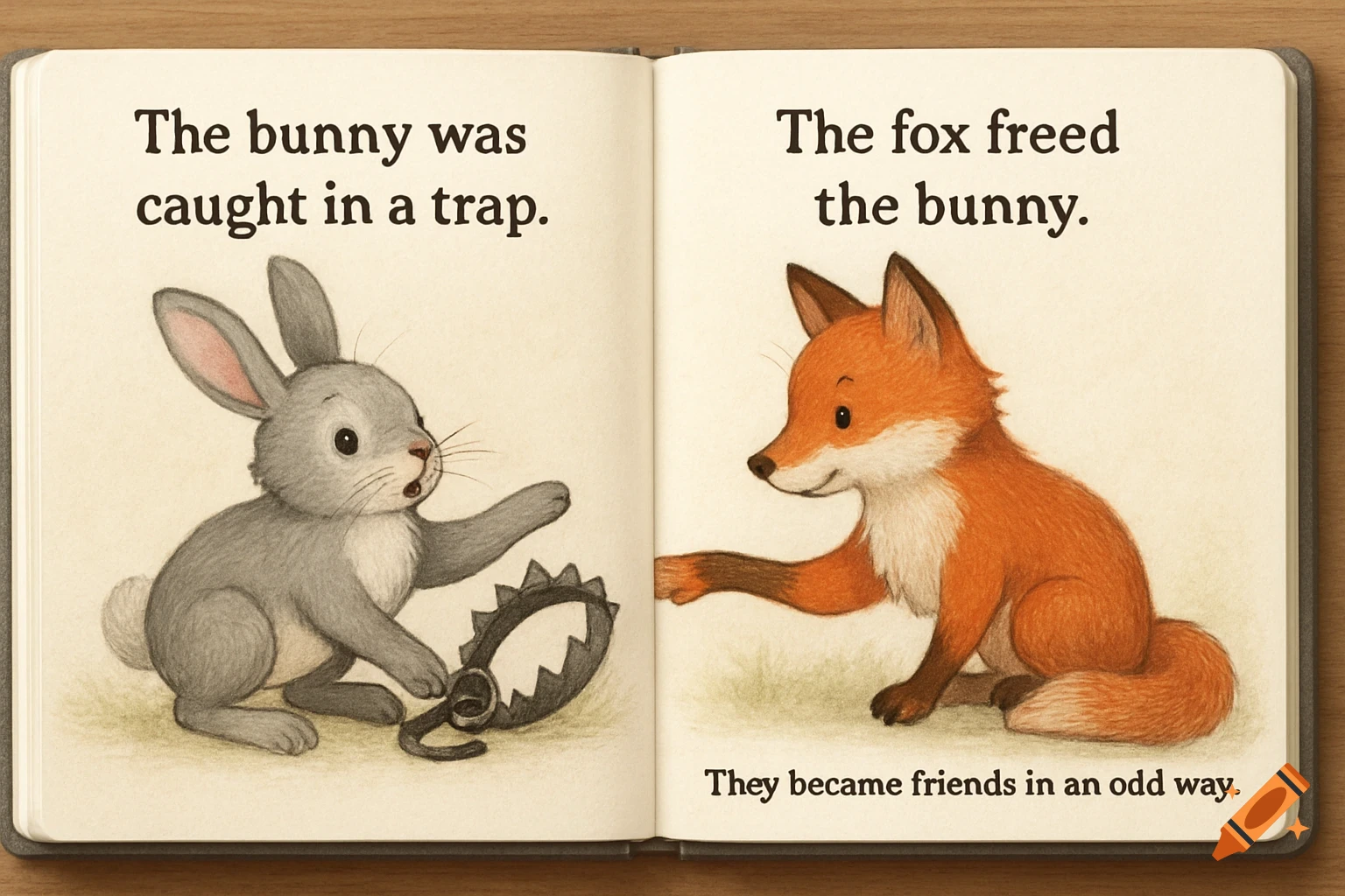 Illustration of two book pages. The left page shows a bunny caught in a trap. The right shows a fox and the bunny. Text describes the scene.