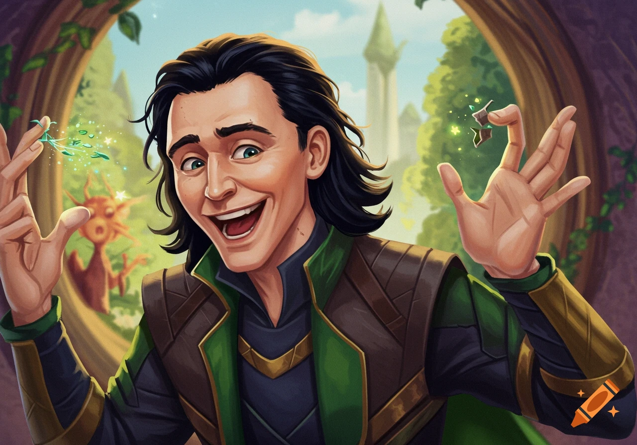 Illustration of Loki grinning, holding shimmering magical elements in his hands, with a creature and castle in the background.