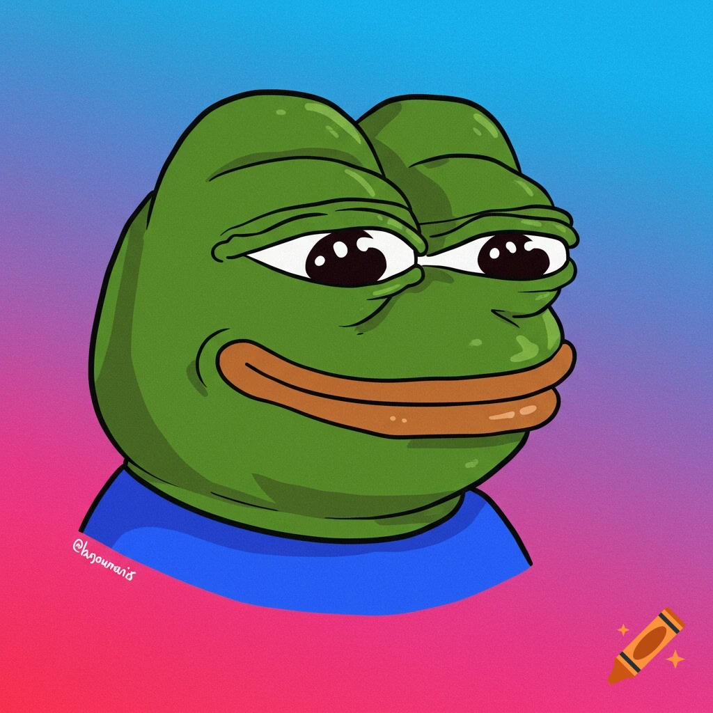 Cartoon drawing of Pepe the Frog's head and shoulders against a gradient background.