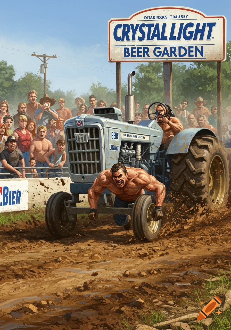 Muscular men pull a tractor in a muddy beer garden competition with spectators watching, illustration style.