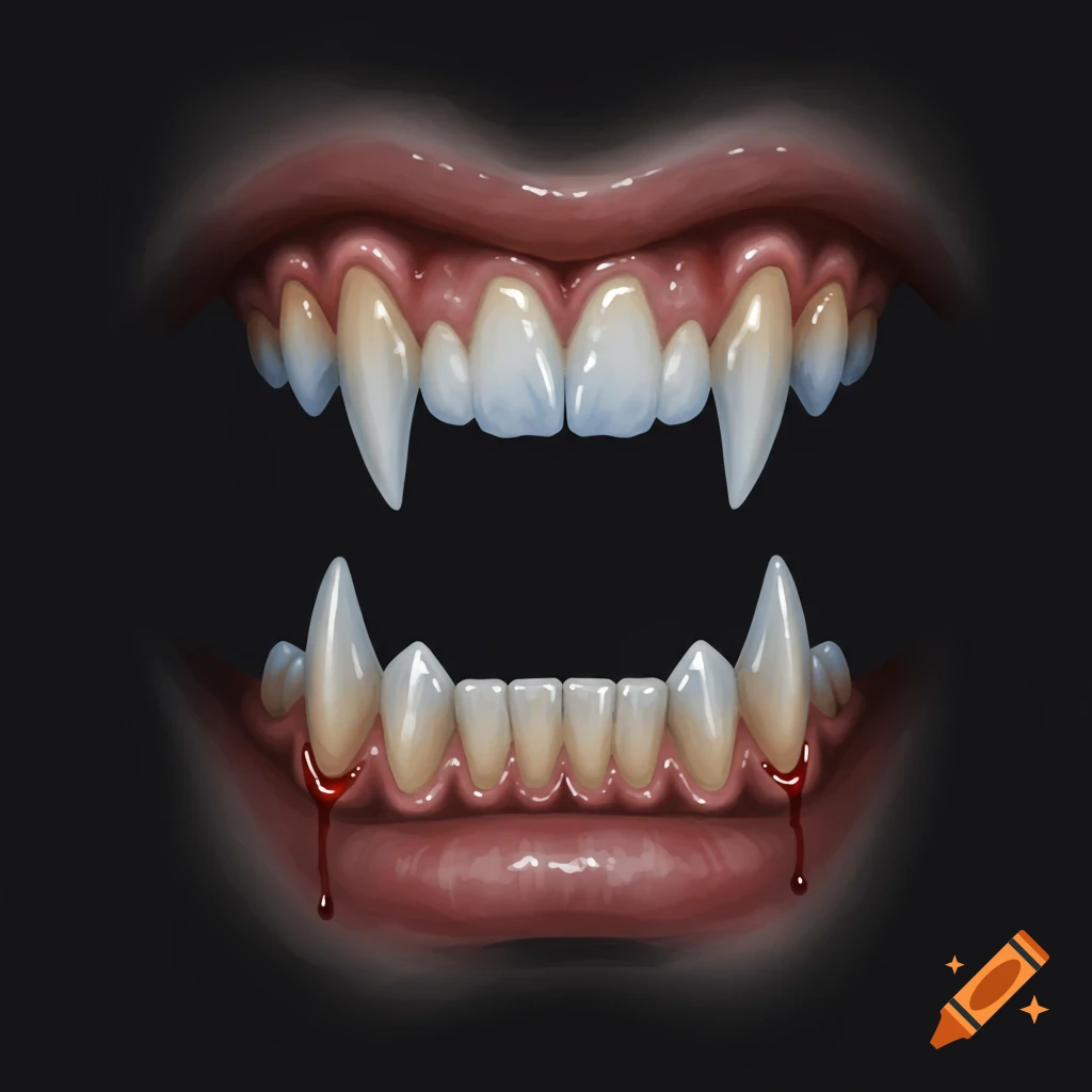 Illustration of sharp vampire fangs with drips of blood