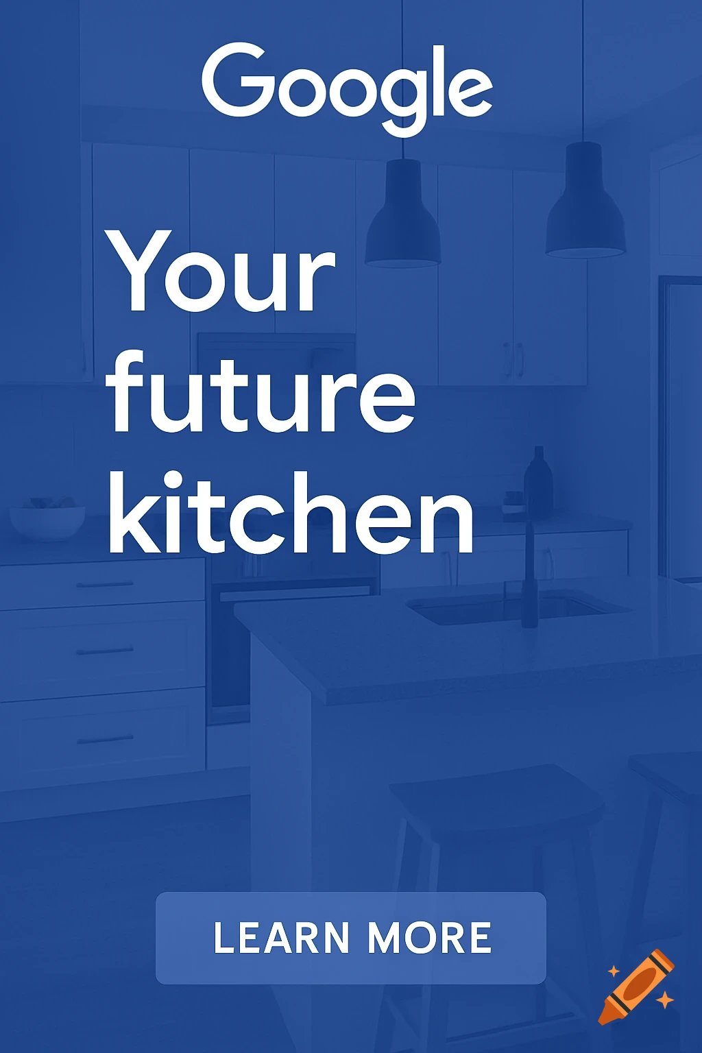 Modern kitchen interior with text overlay that says 'Google Your future kitchen LEARN MORE'