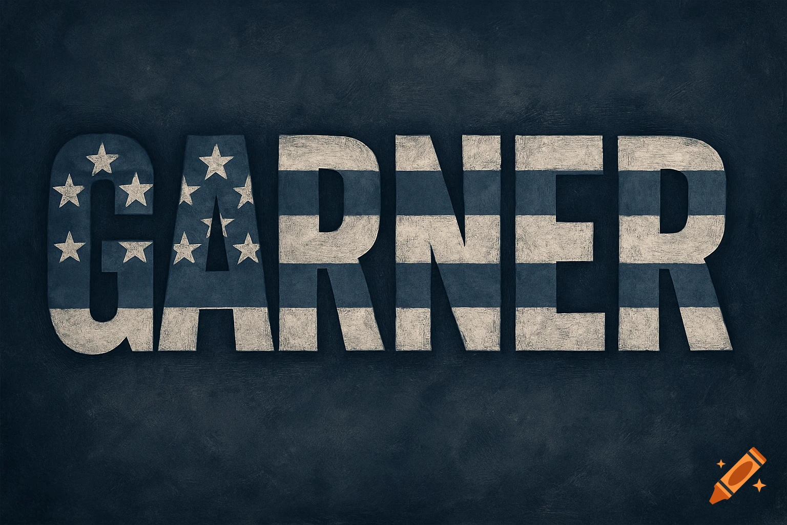 The word GARNER rendered in block letters filled with an American flag pattern on a dark textured background.