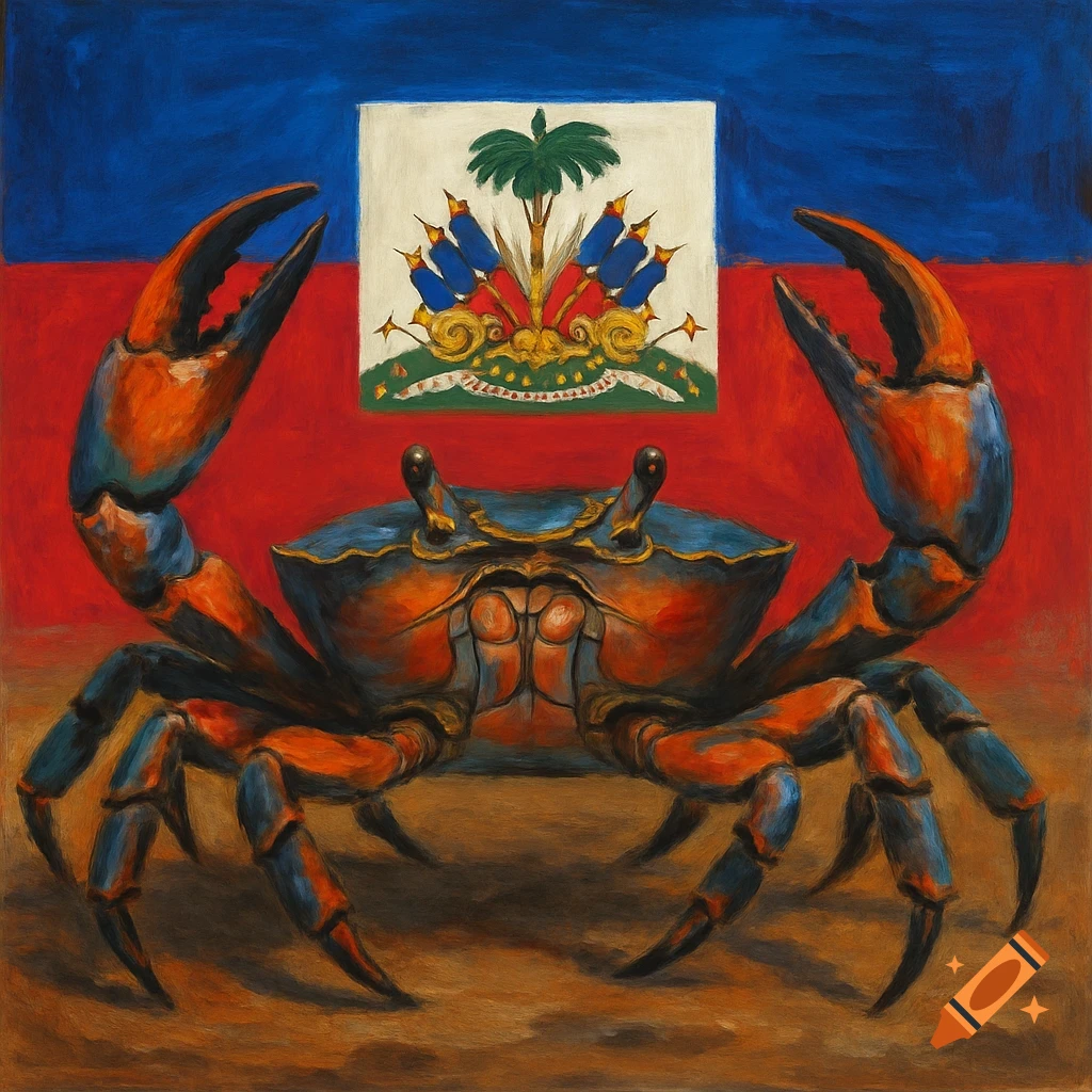 A blue and orange crab stands in front of a painting of the Haitian flag.