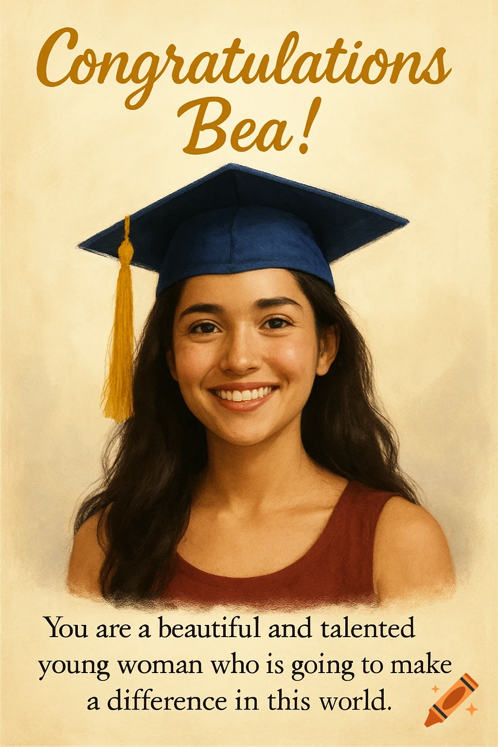 Smiling young woman in graduation cap and gown with celebratory text.