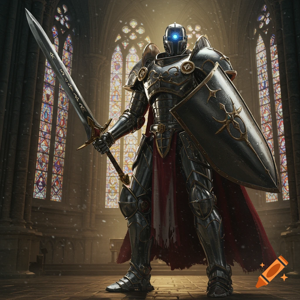 A robot knight wearing dark armor holds a sword and shield in a church with stained glass windows.