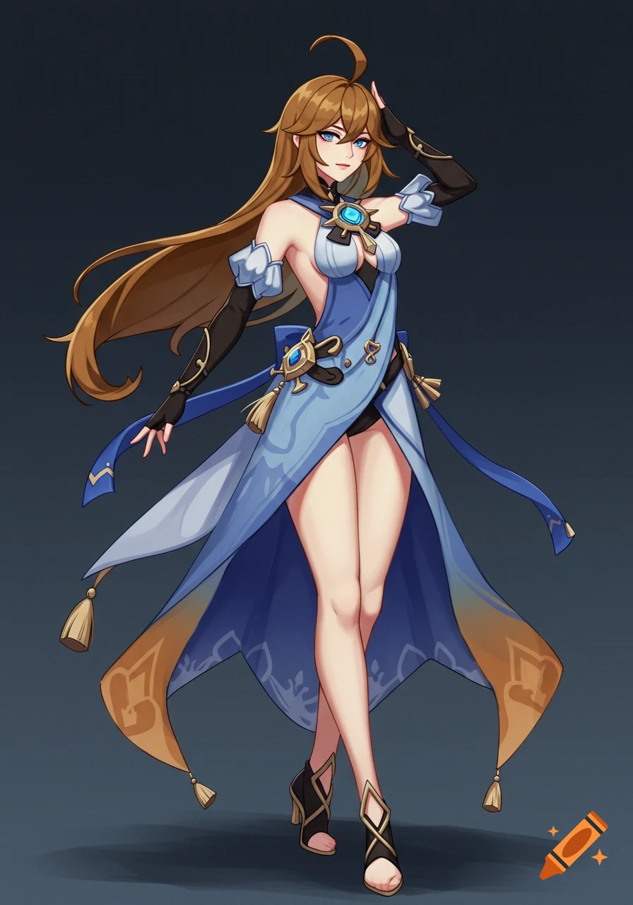 An anime character with long brown hair in a blue and gold outfit stands posing.