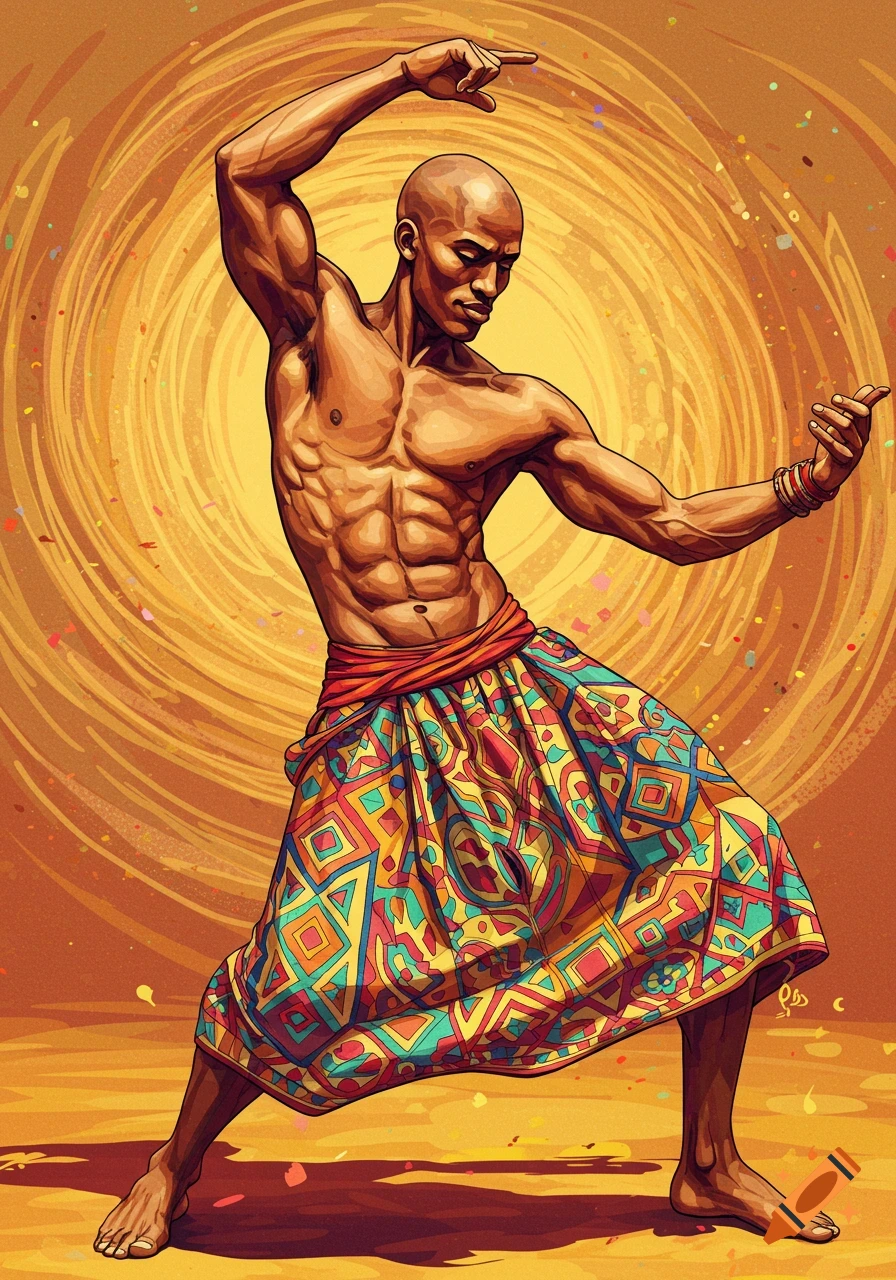 Illustrative depiction of a muscular bald man dancing in a colorful skirt.