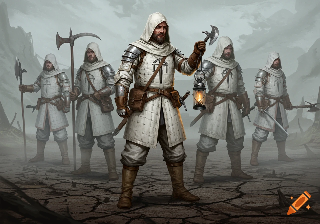 Group of medieval soldiers in white and gray gear standing in a broken, cracked landscape under a cloudy sky.