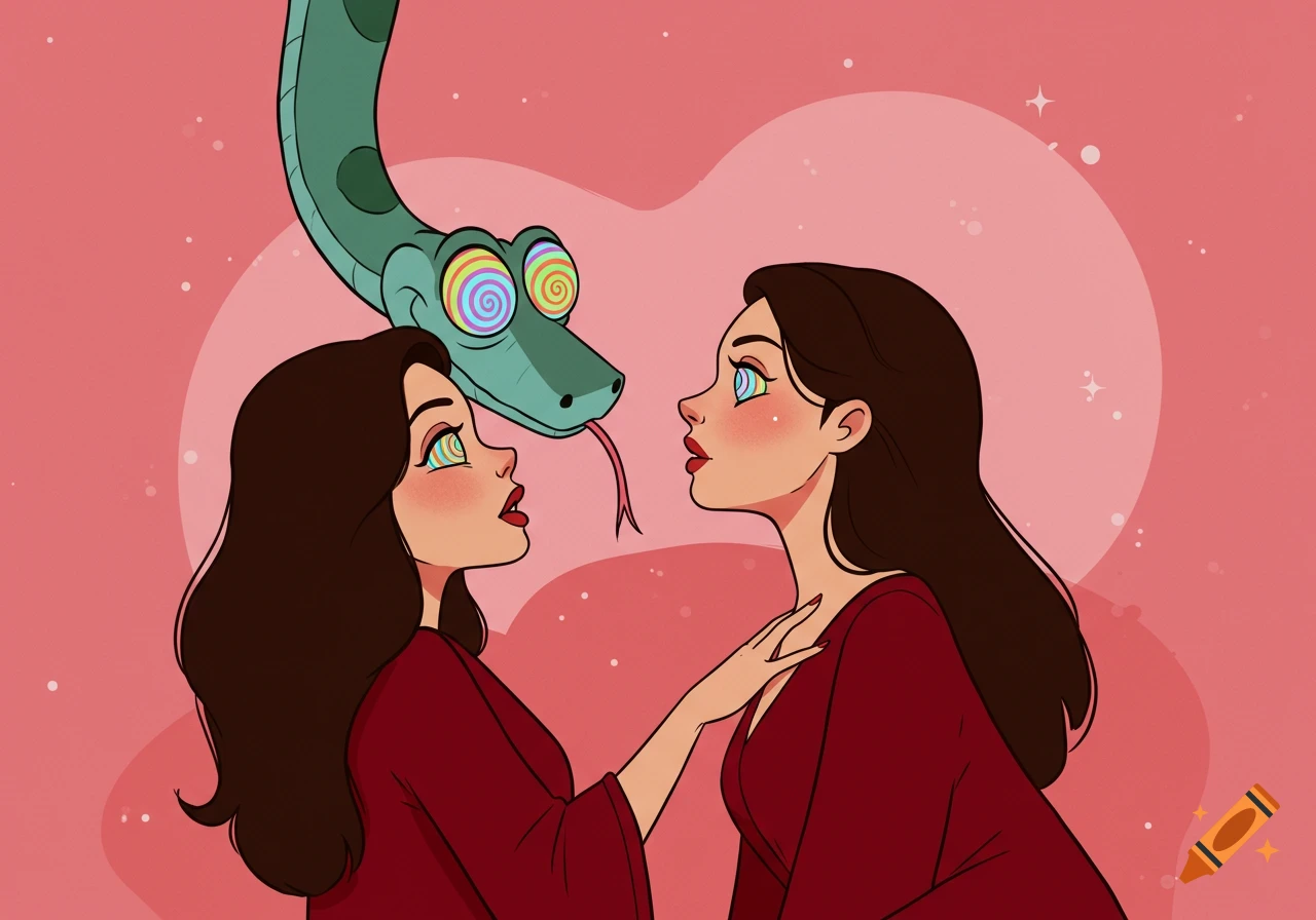 Cartoon illustration of a snake with spiral eyes hypnotizing two women with spiral eyes.