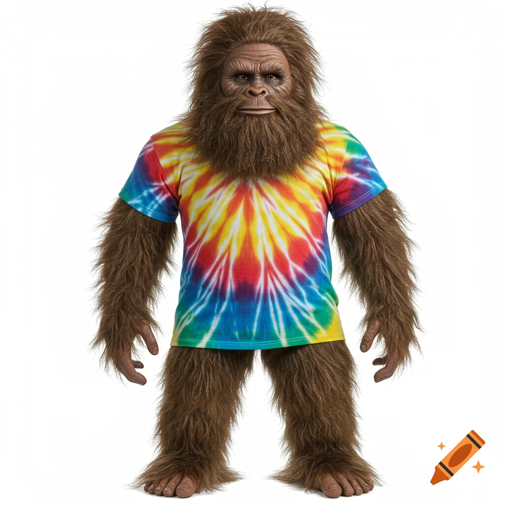 Photorealistic Sasquatch in a tie-dye t-shirt against a white background.
