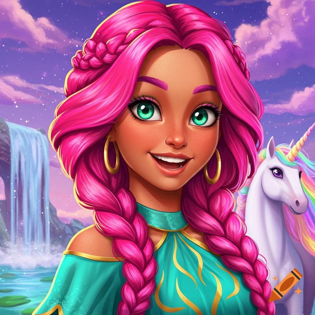 Illustration of a pink-haired woman smiling next to a unicorn in a fantasy landscape with a waterfall.