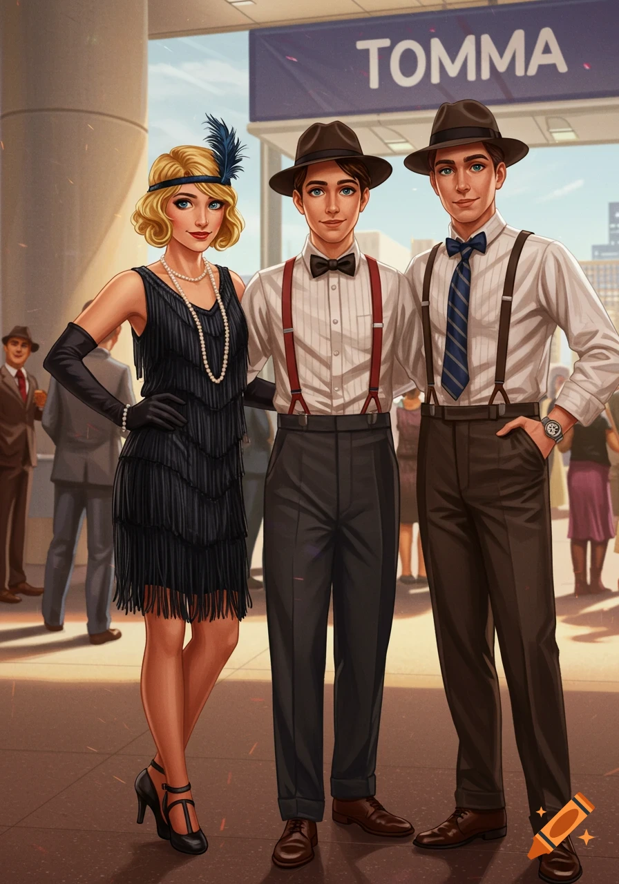 Illustration of three people in 1920s fashion standing in front of a building.