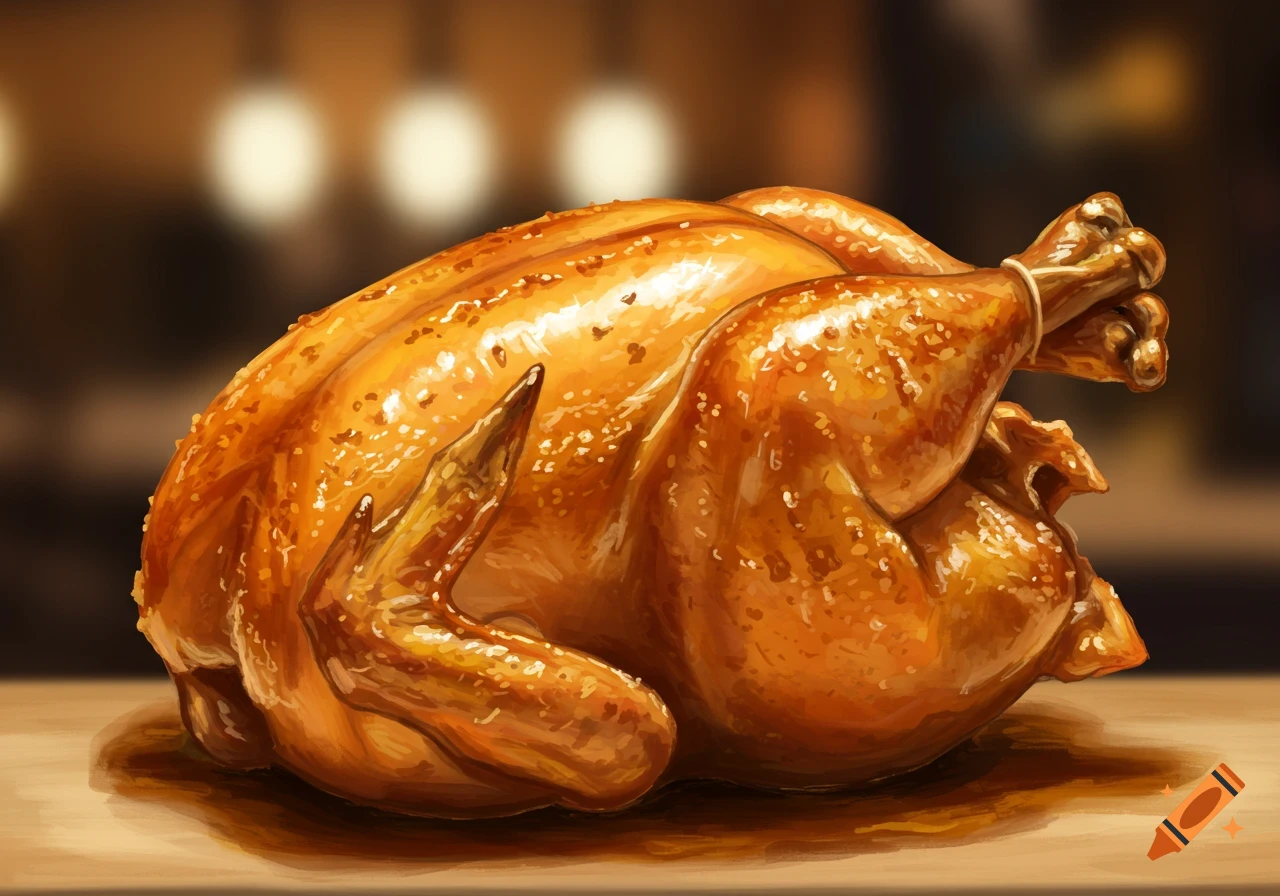 A glossy roasted chicken on a wooden table.